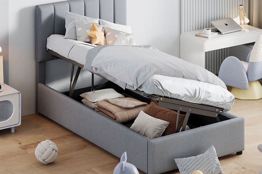 N16 Modern Grey Fabric Zvedací úložná funkce Čalouněný úložný rám postele