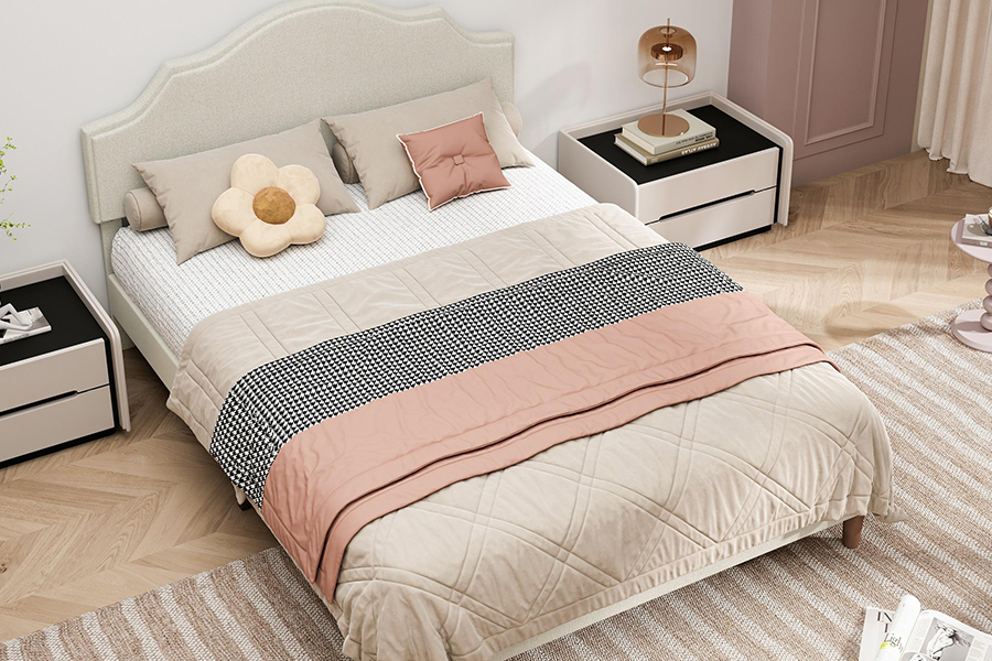 N21 Vysoce kvalitní čalouněná postel z béžové látky Queen Size