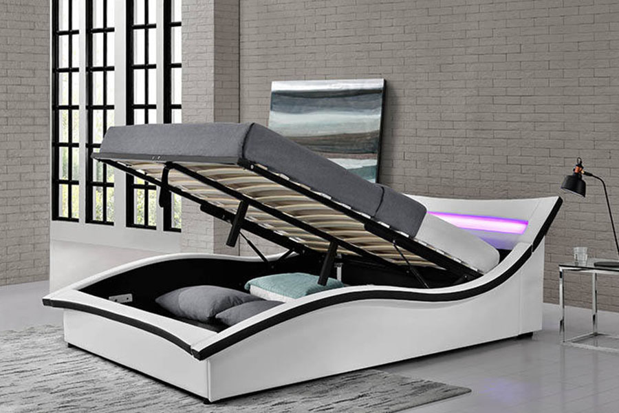 1877 Luxusní PU kůží LED čalouněný rám postele