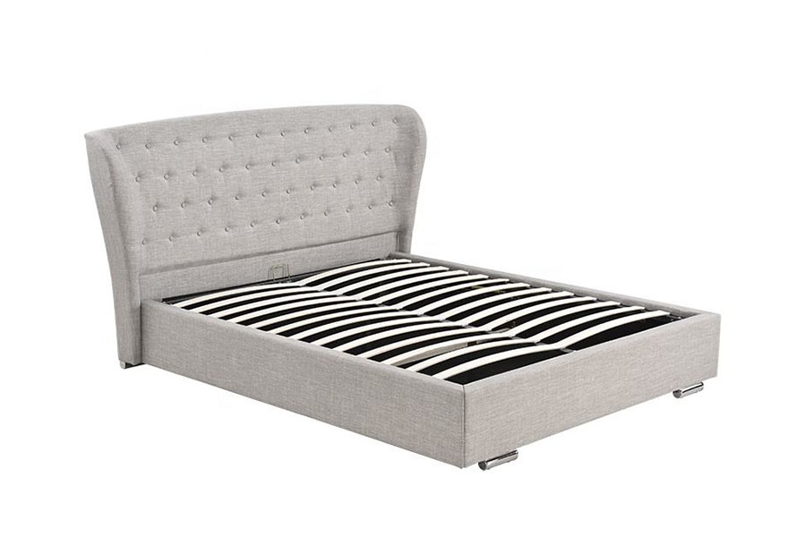 1292G European Wingback čalouněná postel s dřevěnými nohami v šedém lnu